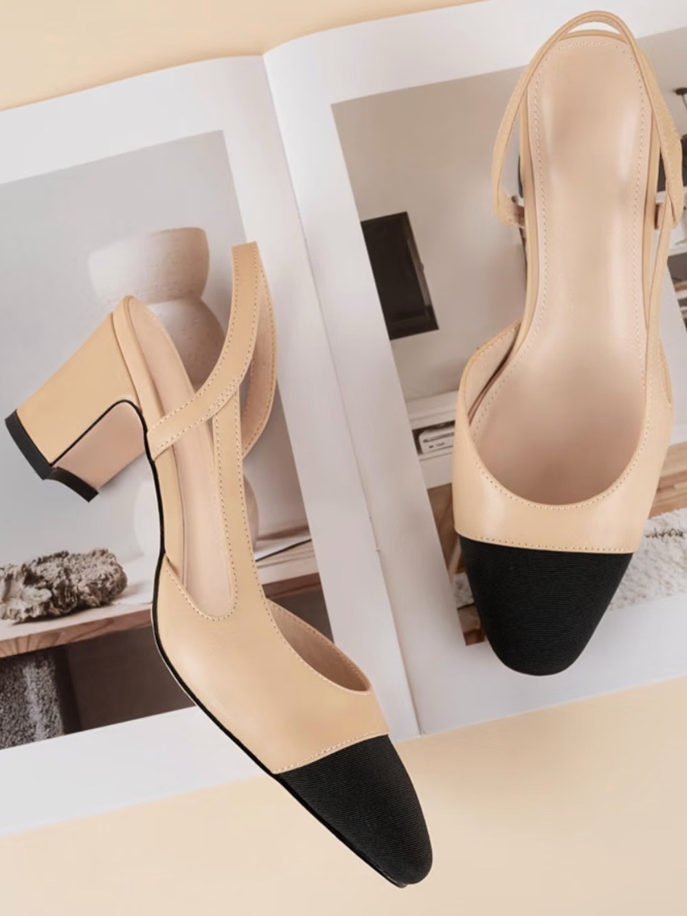 Two-Tone Slingback Flats in Beige and Black by Miraazzurra, 8.5